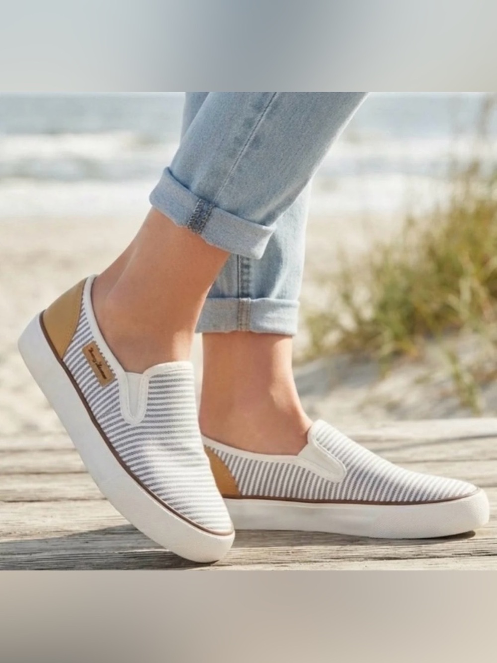 Tommy Bahama Top-Sider Striped Slip-On Sneakers in White & Blue